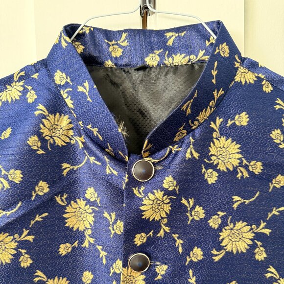 Blue/Gold Men's Kurta Vest - Nehru / Bandi Jacket (L/XL) - Picture 1 of 2
